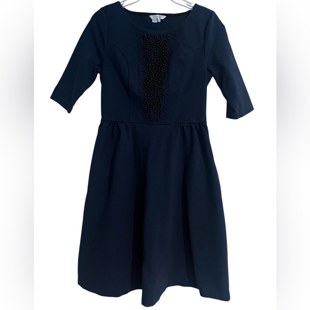 Boden women navy blue beaded Ponte Fit Flare boat neck dress 8